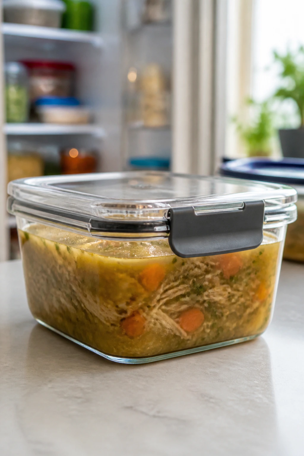 Glass container of soup on kitchen counter ready for storage