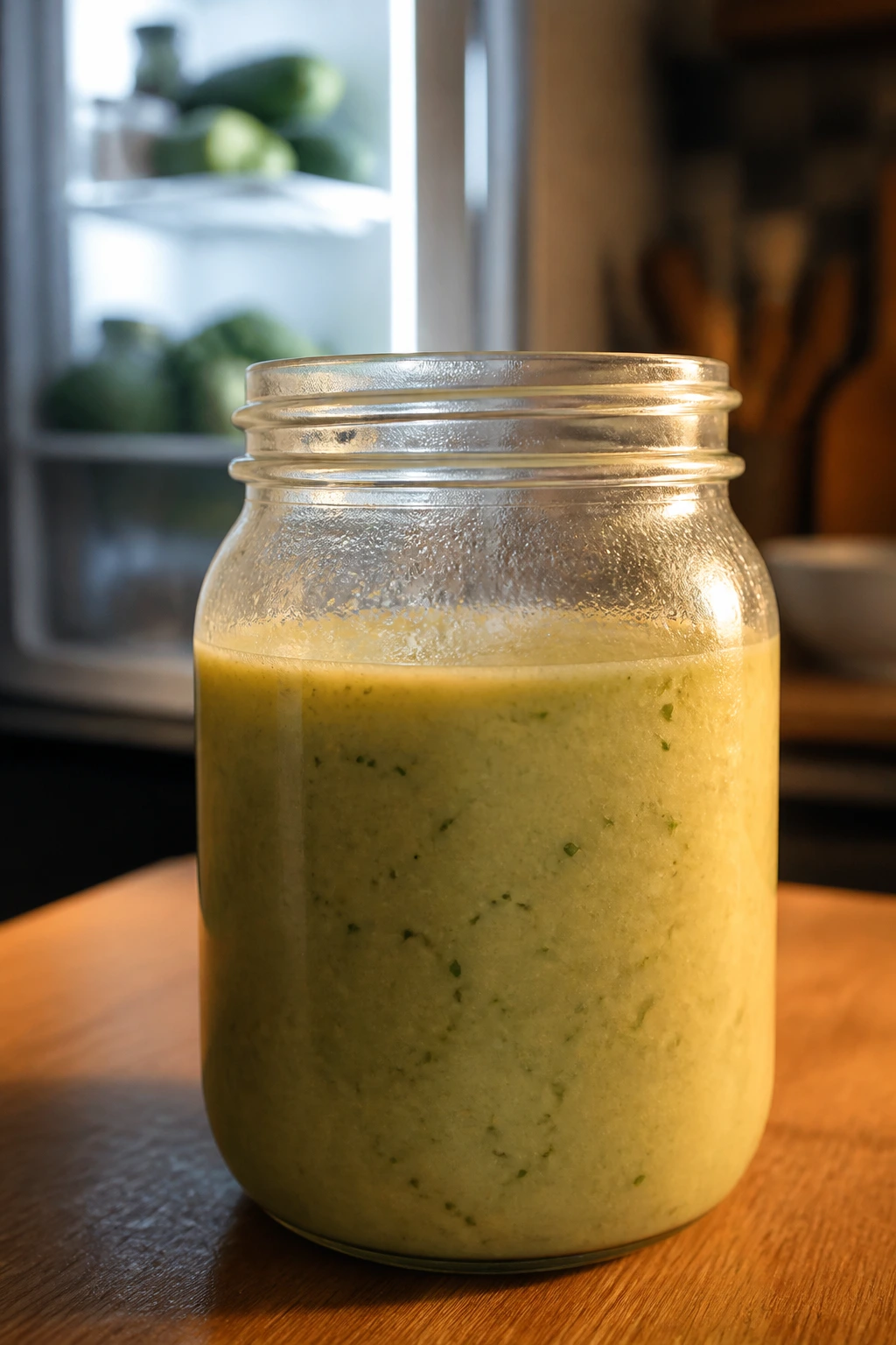 Glass jar of zucchini soup for storage