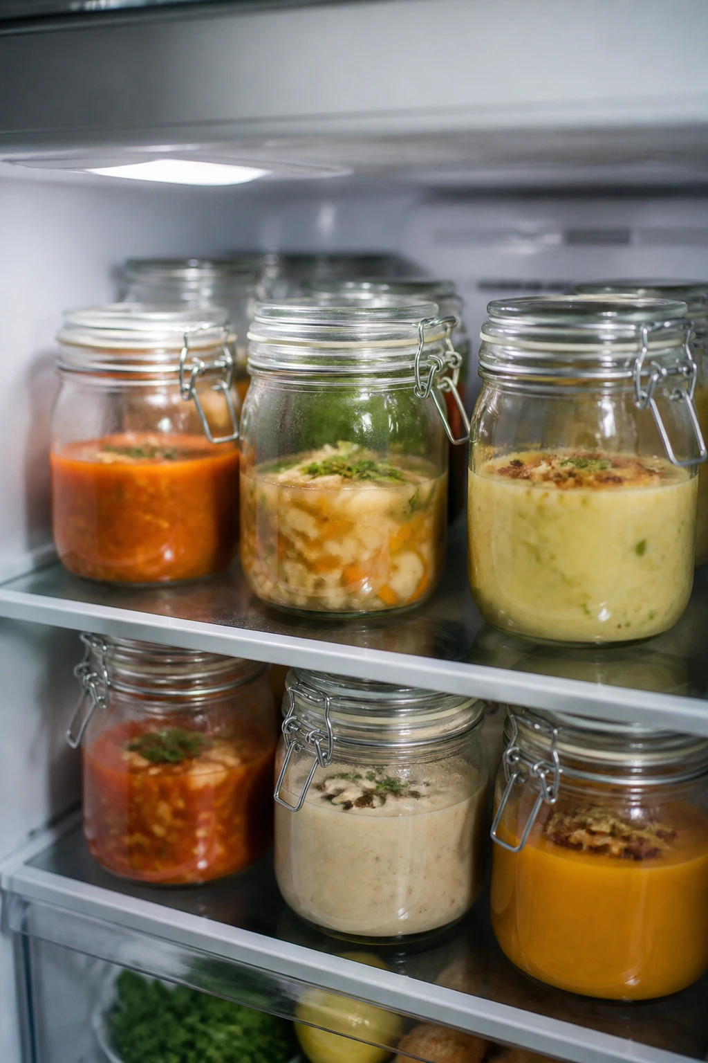 Glass jars with soups on a kitchen shelf under fridge light
