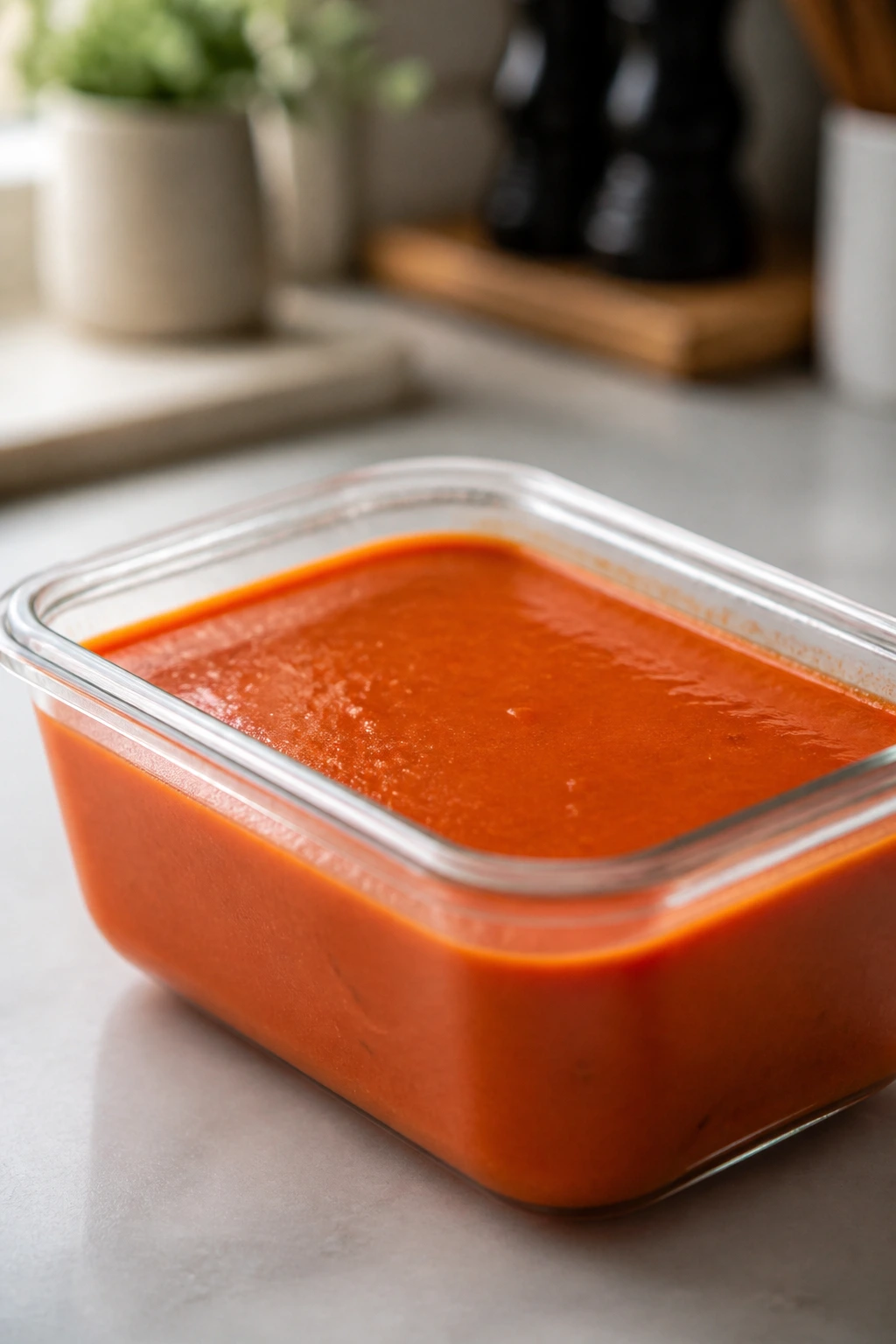 Glass container filled with tomato soup on a kitchen counter