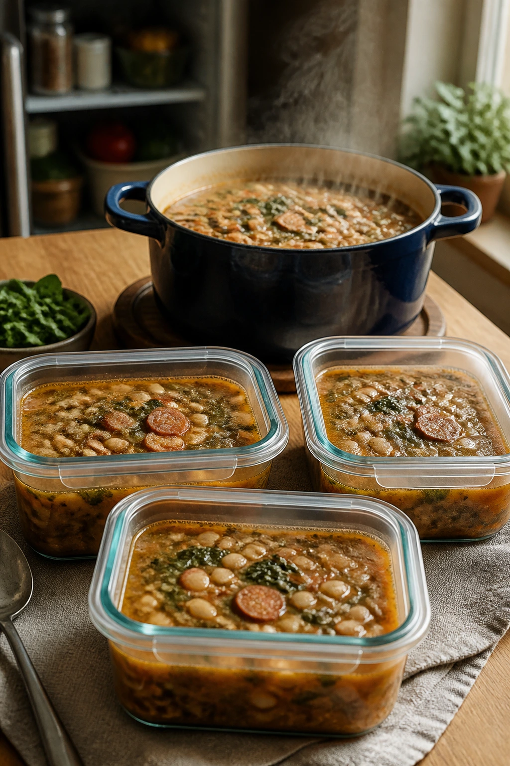 Steaming bean and sausage soup with glass storage containers in a cozy kitchen
