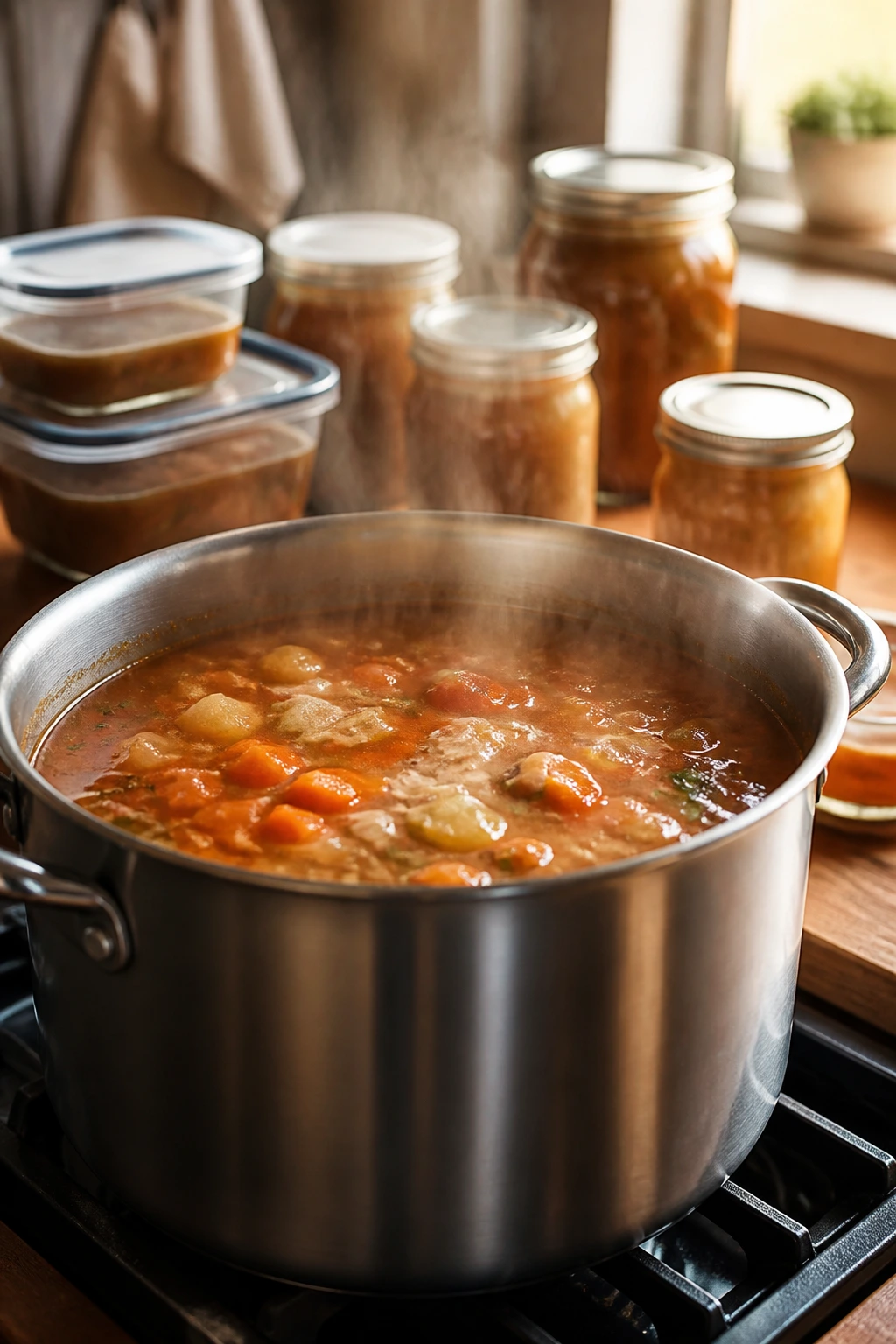 Close-up of a steaming soup pot on a stove with storage jars in the background.