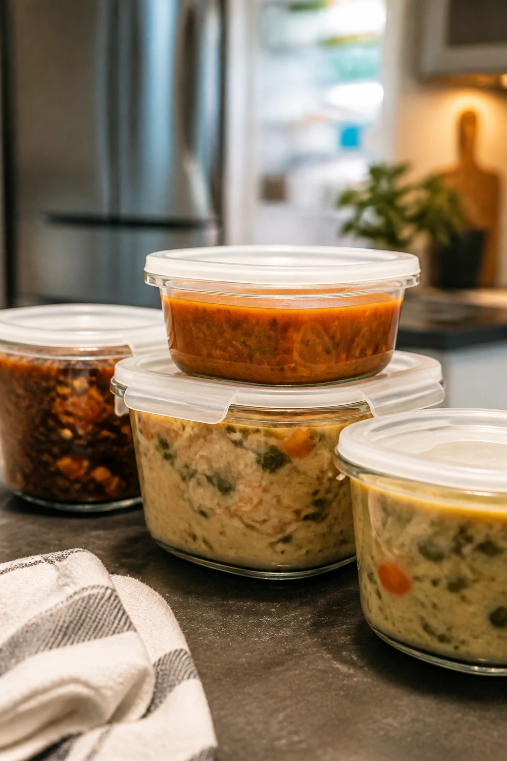 Glass soup containers on a kitchen counter showing make-ahead storage