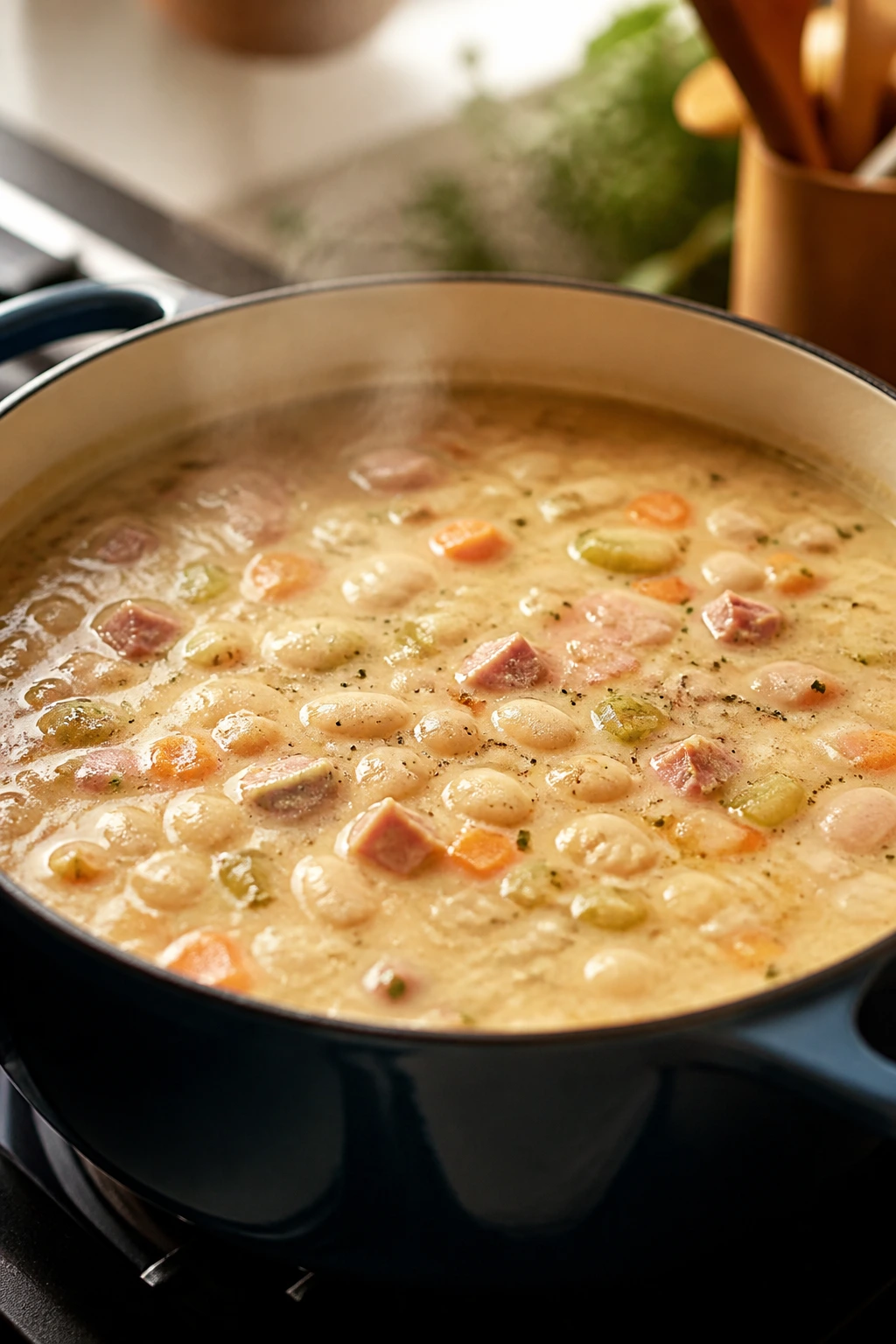 Close-up of simmering ham and bean soup pot before cooking begins