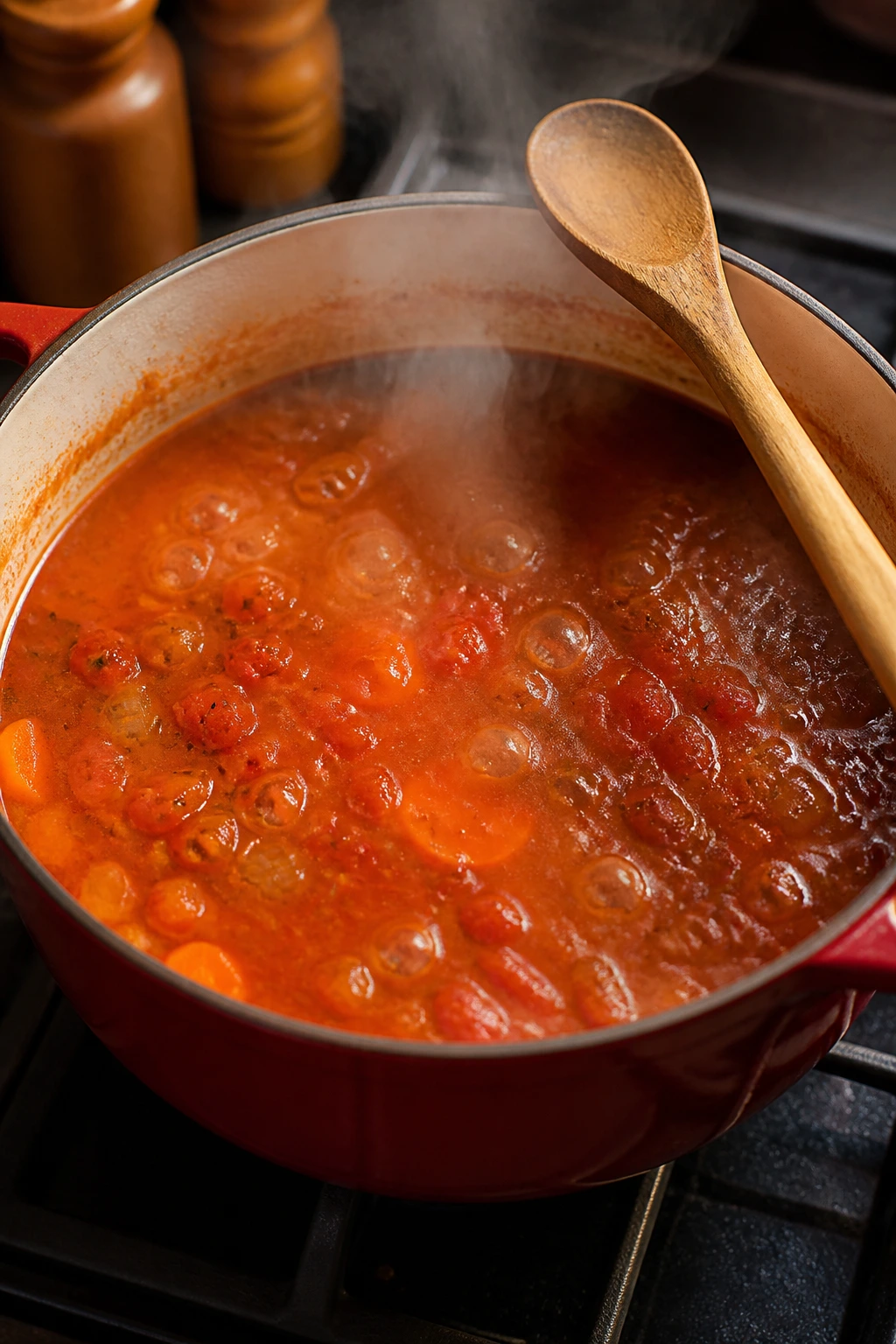 Pot of soup simmering on stove with steam