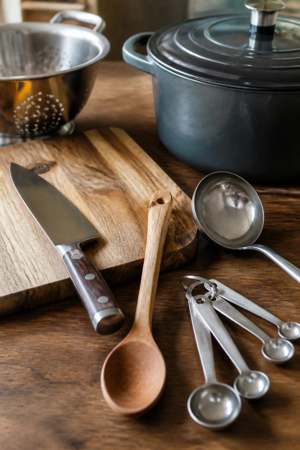 Essential soup tools arranged on a wooden surface.