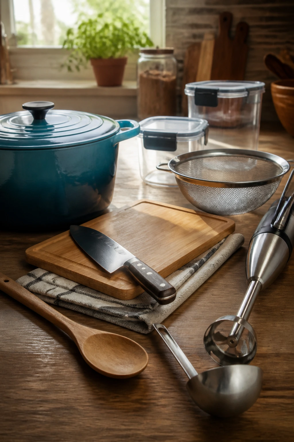 Close-up of essential soup tools on a wooden counter: Dutch oven, knife, cutting board, spoon, ladle, immersion blender, strainer, containers