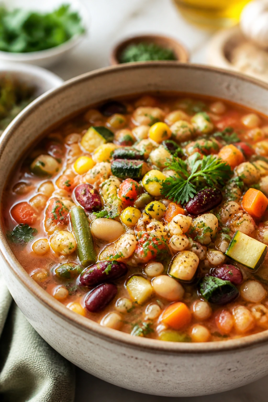 Colorful bowl of soup showing variations and textures