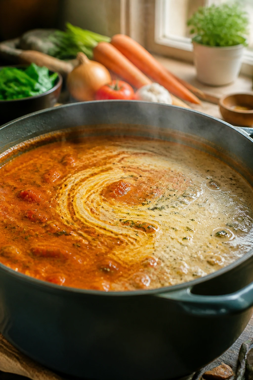 Soup pot with a two-tone swirl suggesting flavor variations in a kitchen.