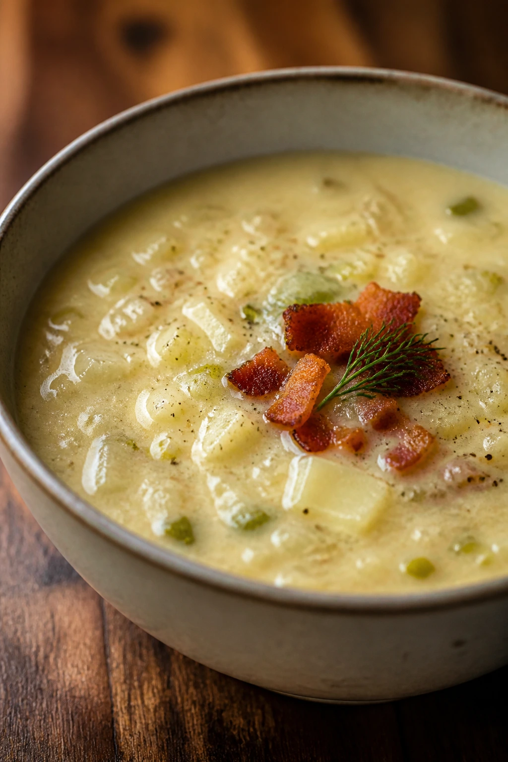Creamy soup with toppings hinting variations such as bacon and herbs