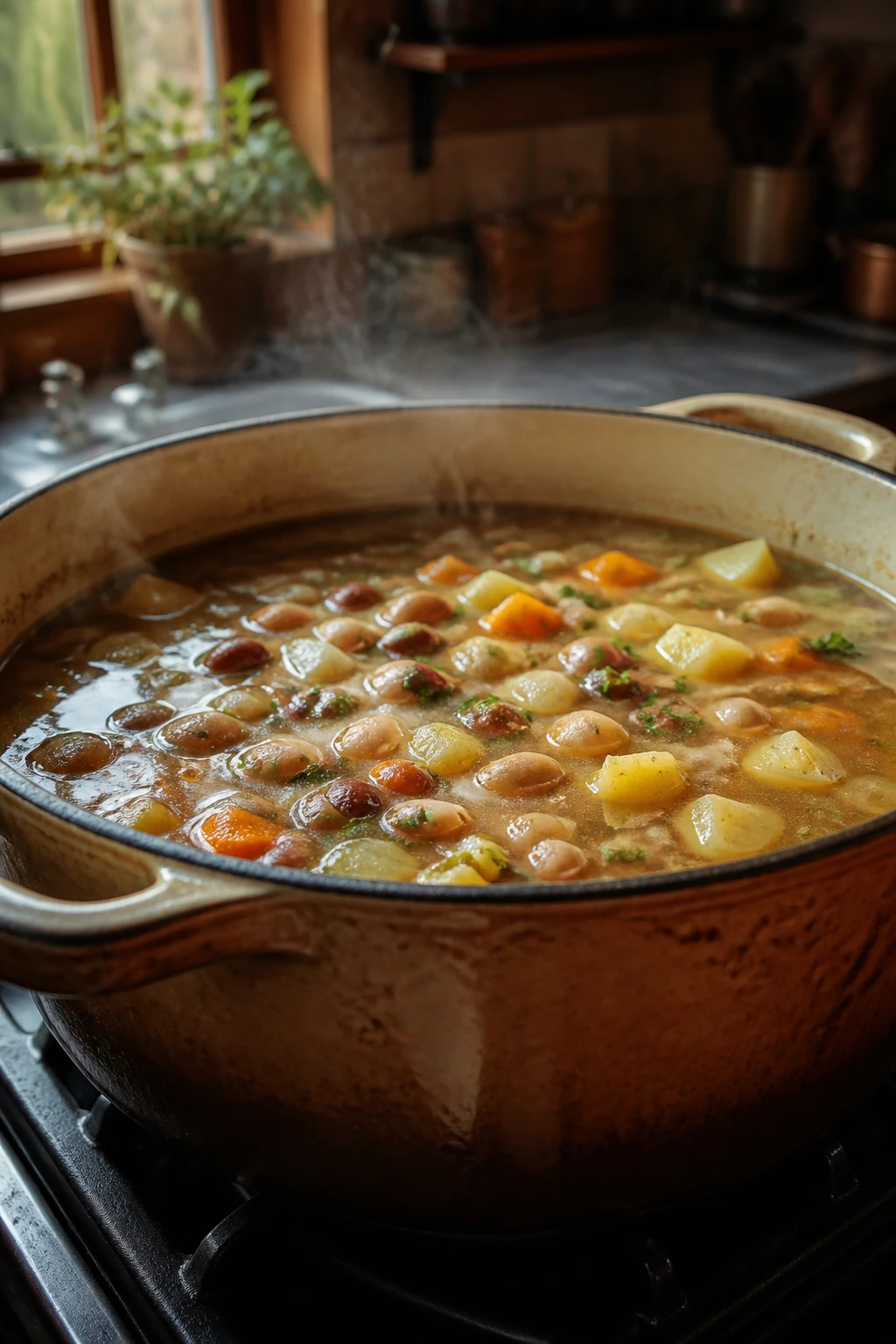 Close-up of a rustic pot of hearty soup simmering in a cozy kitchen