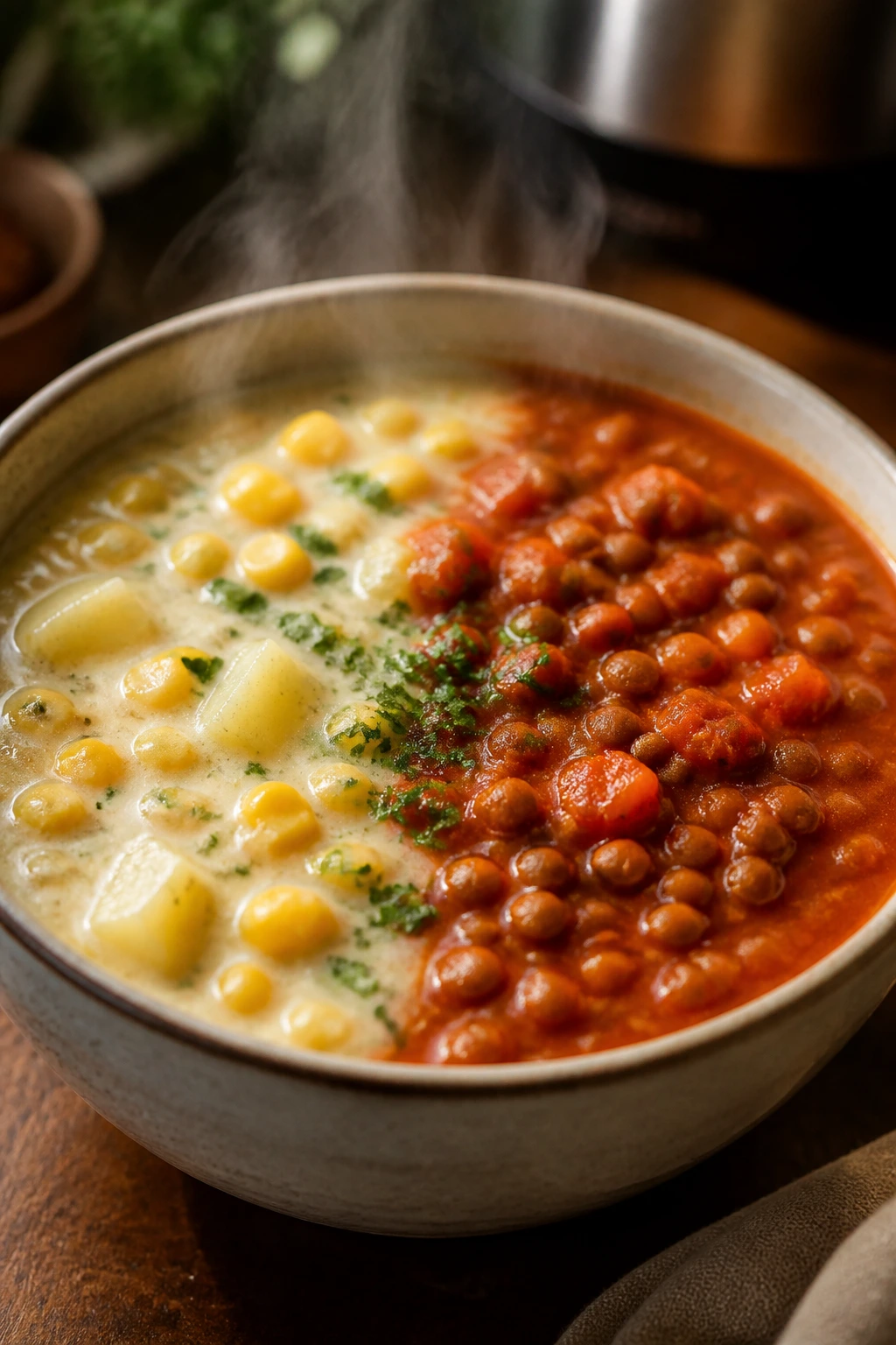 A bowl of soup displaying two textures to illustrate flavor variations.