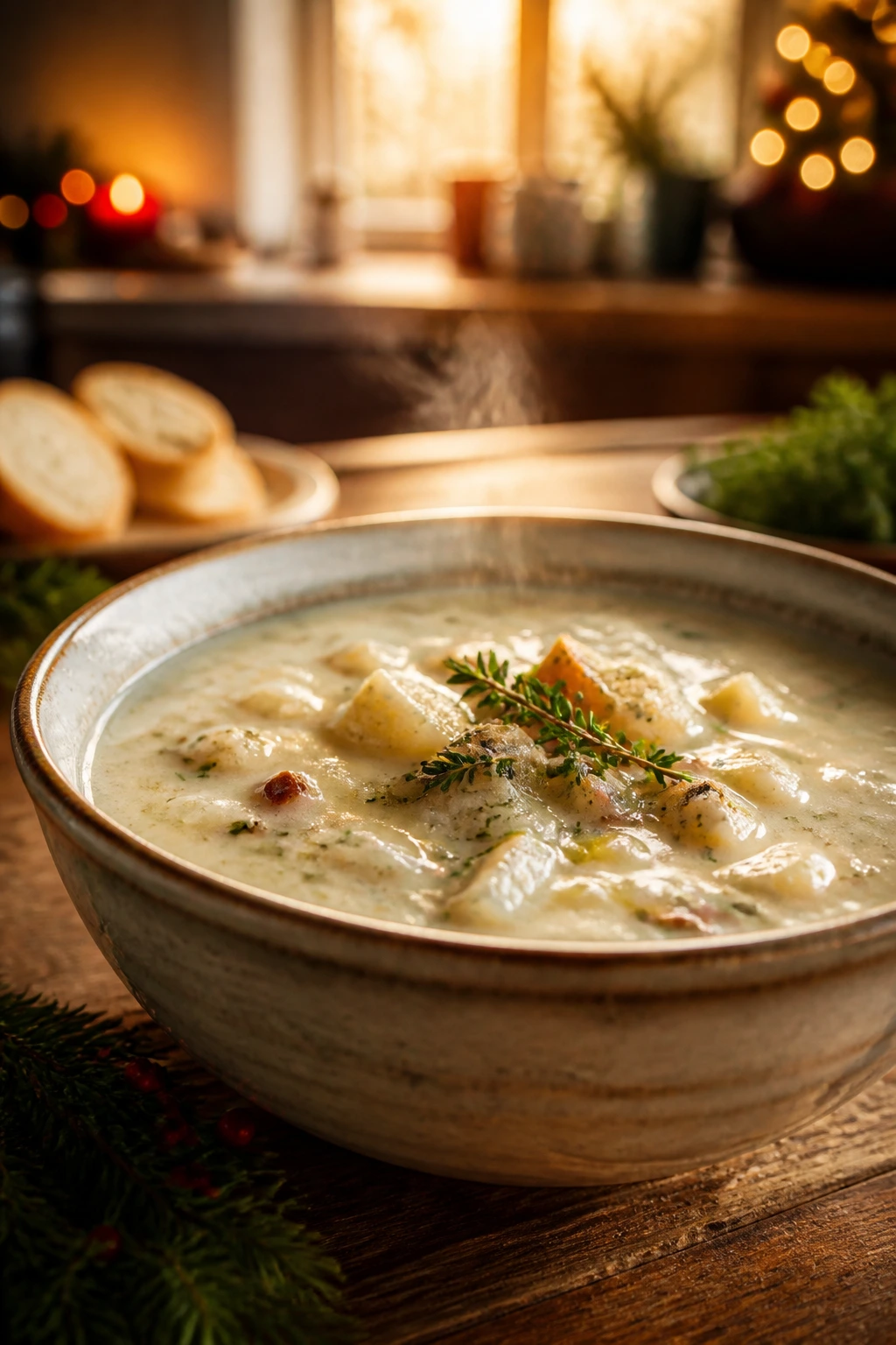 Close-up of steaming soup in a rustic setting, warm kitchen ambience.