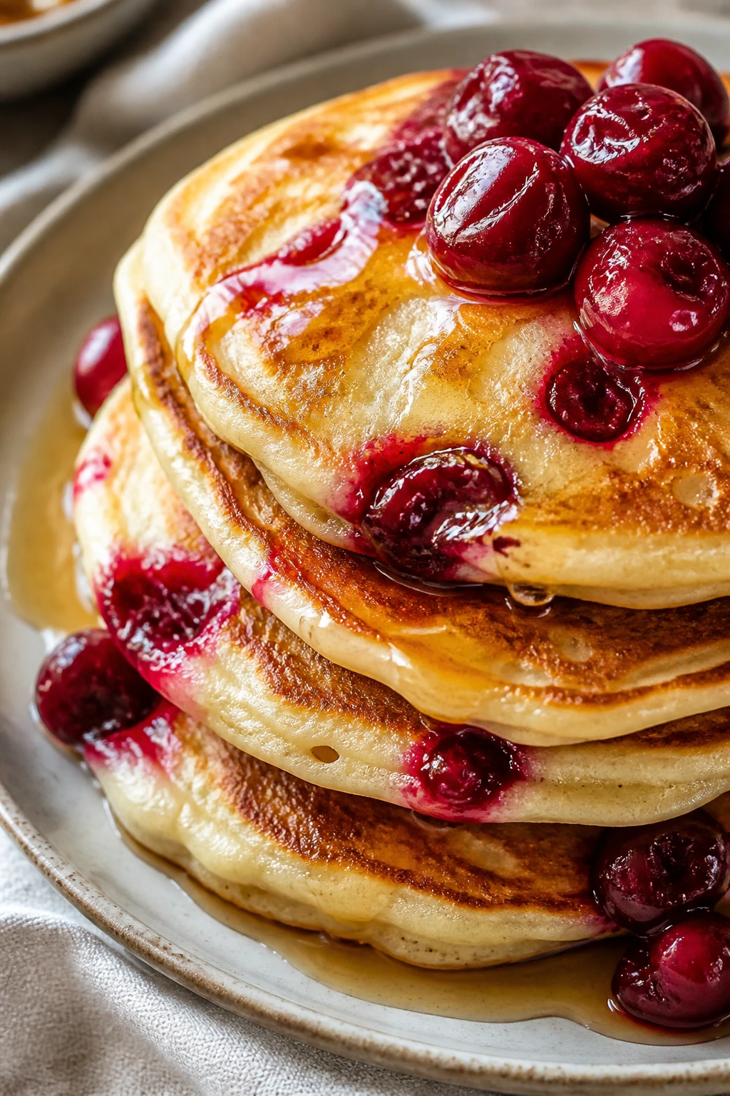 Close-up of Honeyed Sour Cherry Pancakes with cherries and honey