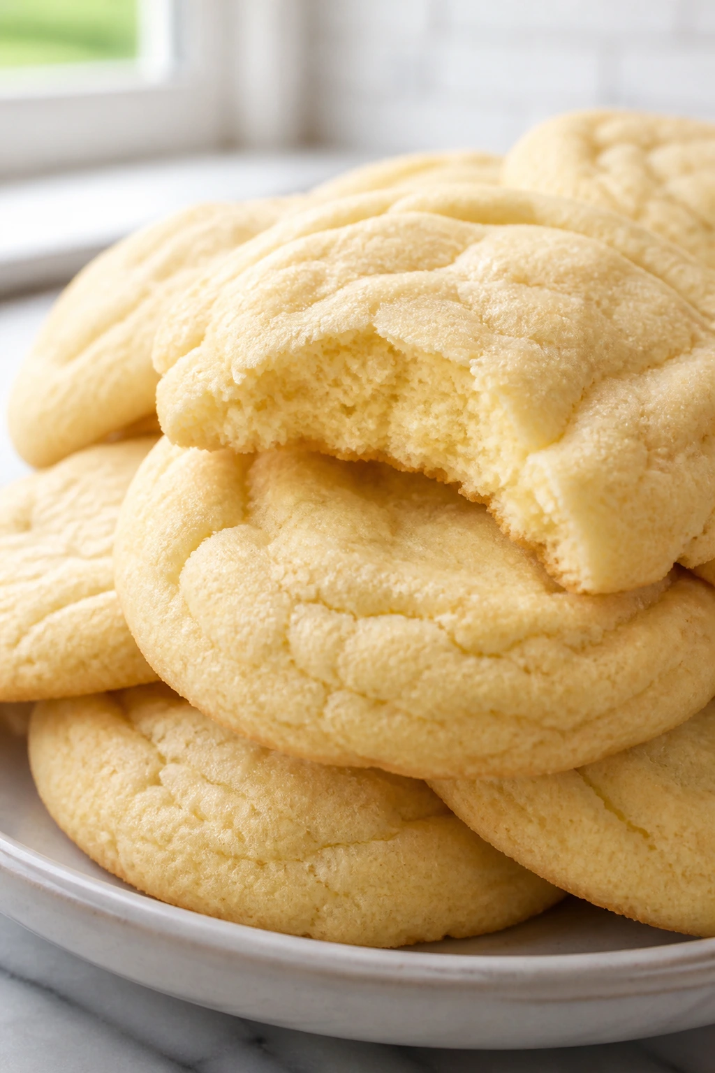 Close-up of soft-batch sugar cookies with tender crumb on a plate