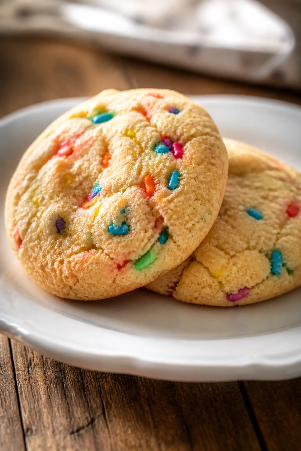 Close-up of sour cream softies cookies with rainbow sprinkles on wooden table