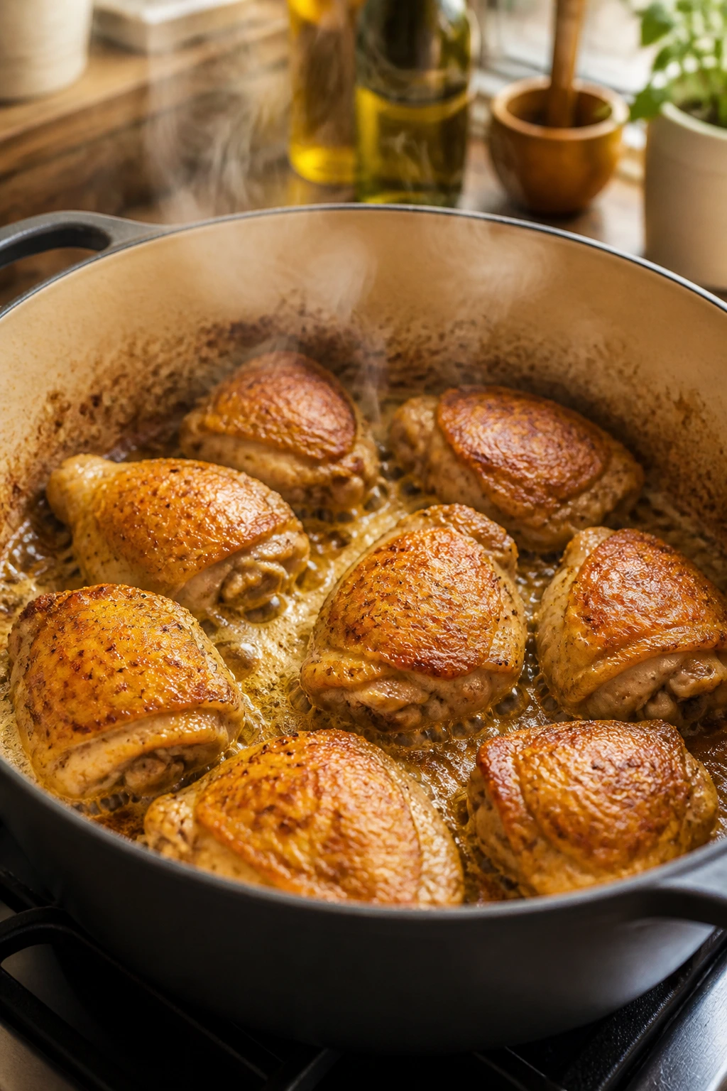 Close-up of browned chicken pieces browning in a heavy pot to form soup base