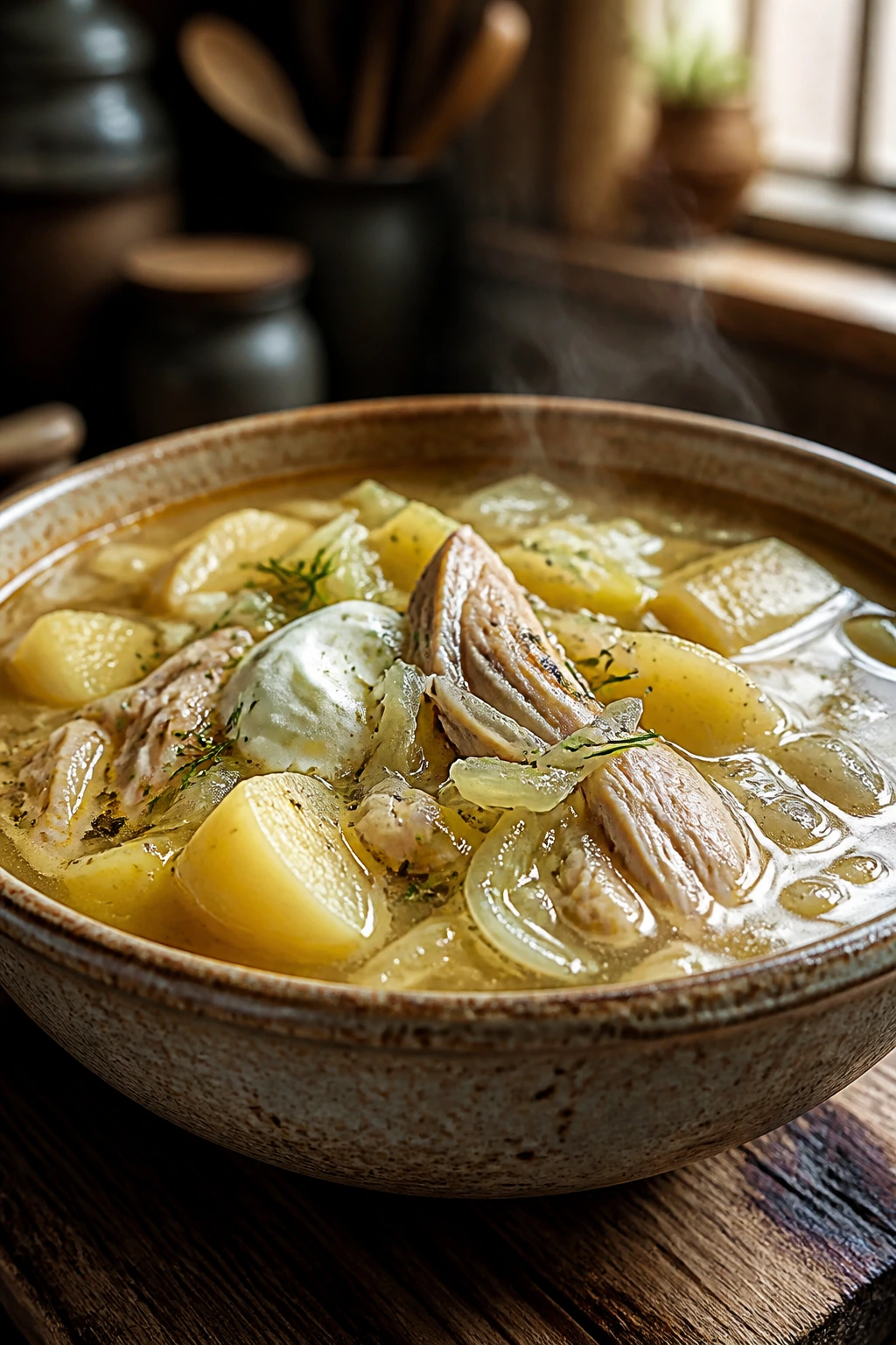 Close-up of steaming sour soup in a bowl with chicken, potatoes, and cabbage