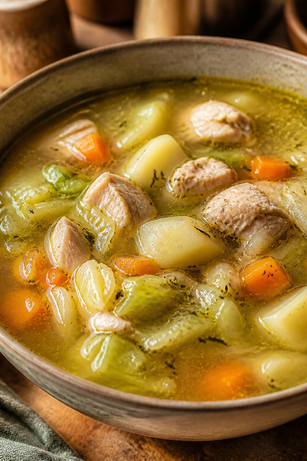 Sour soup with chicken, potatoes, and cabbage in broth