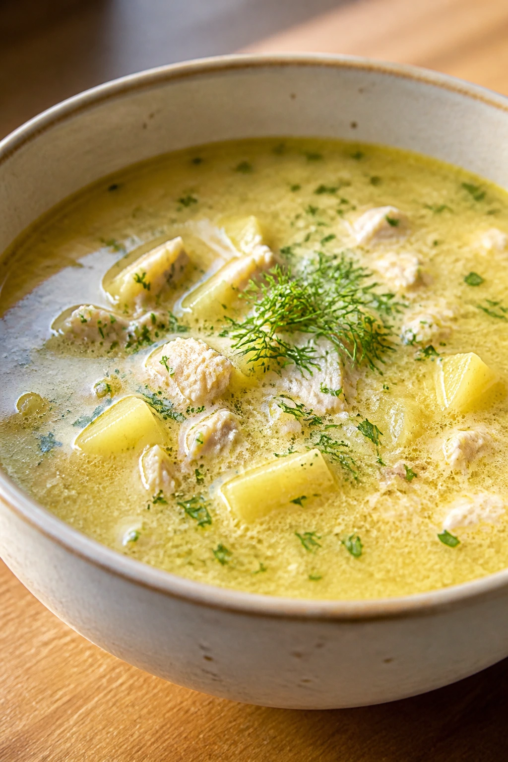 Ready-to-serve bowl of sour soup with dill