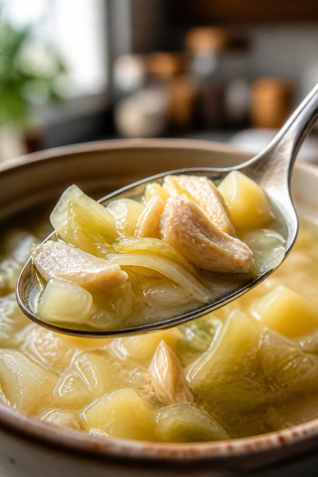 Spoonful of sour soup with chicken, potatoes, and cabbage
