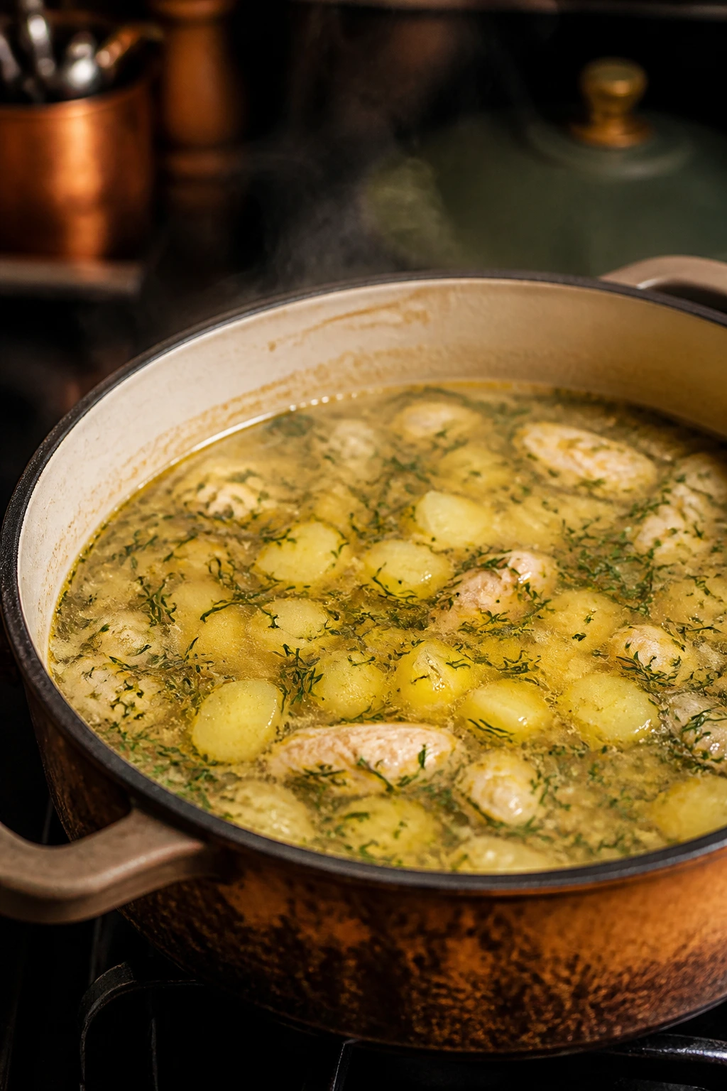 Rustic pot of sour soup on stove with dill and potatoes