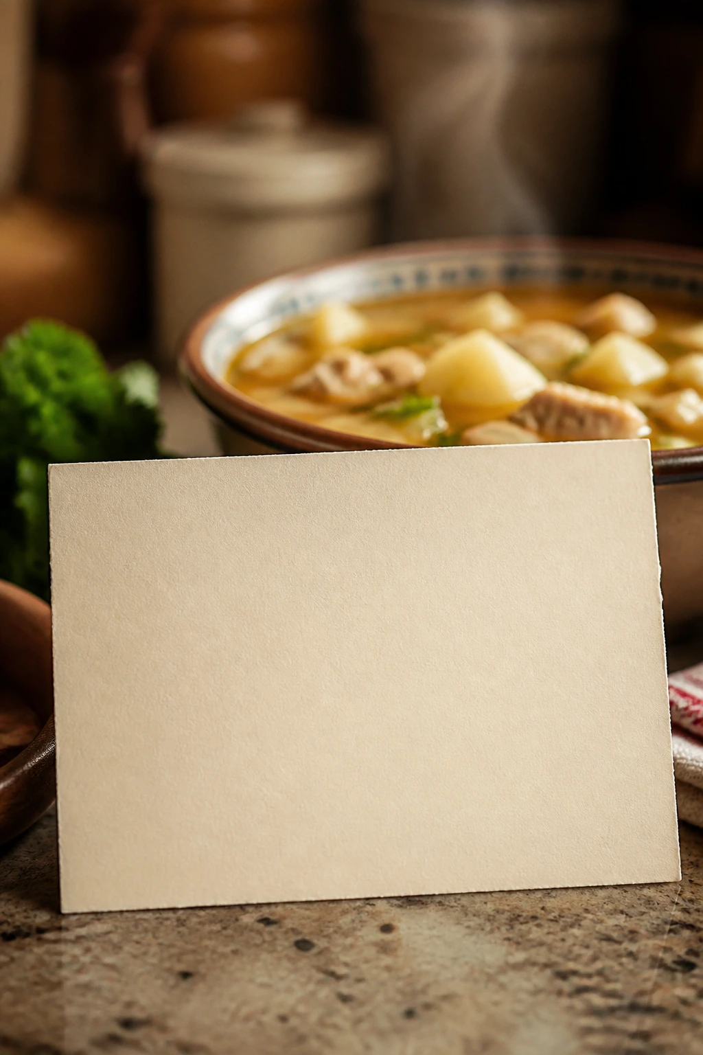 Large blank recipe card on a kitchen counter with a steaming sour soup in the background.