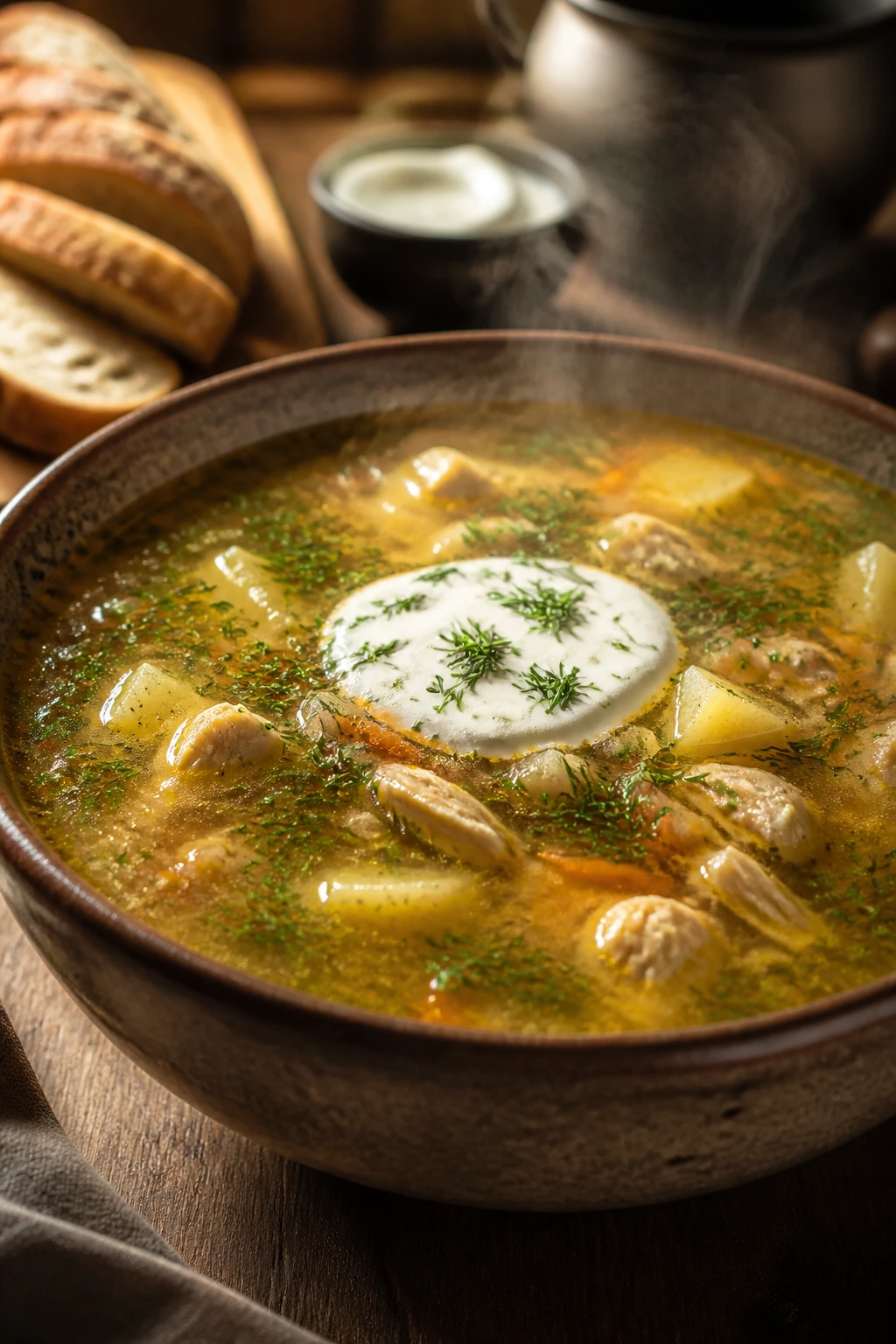 Steaming bowl of sour soup with sour cream and dill garnish in a cozy kitchen