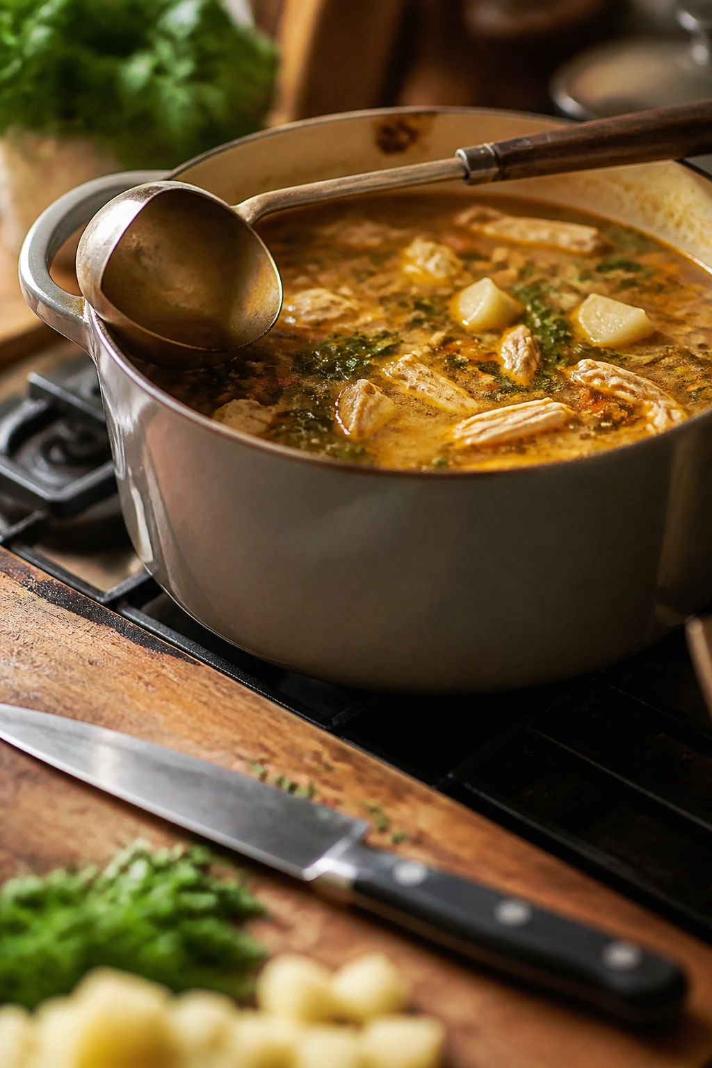 Pot of sour soup with ladle and kitchen tools nearby