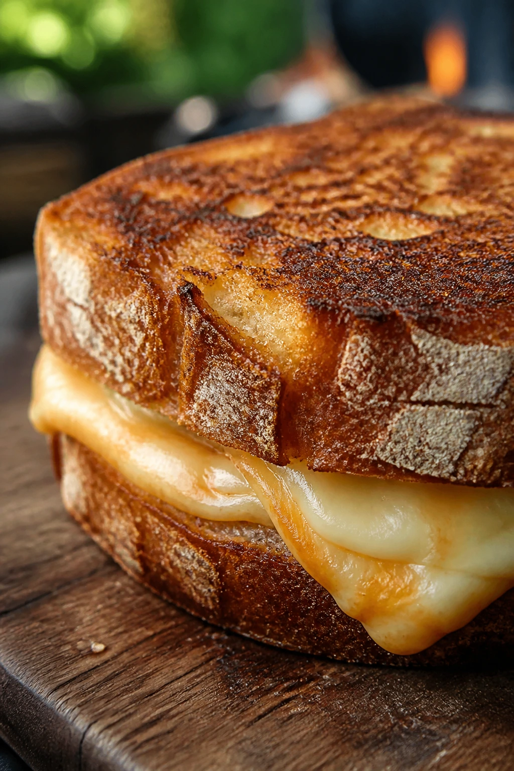 Macro view of crisp sourdough crust and melty cheese on a grilled cheese sandwich