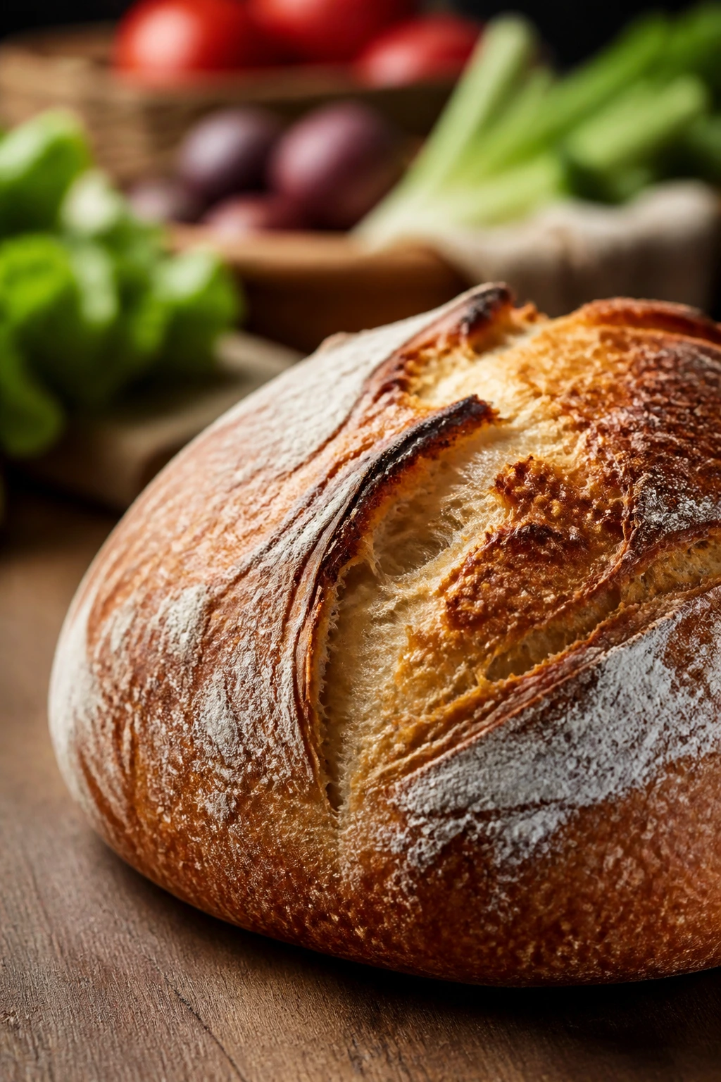 Rustic sourdough loaf on wooden table with market vibe