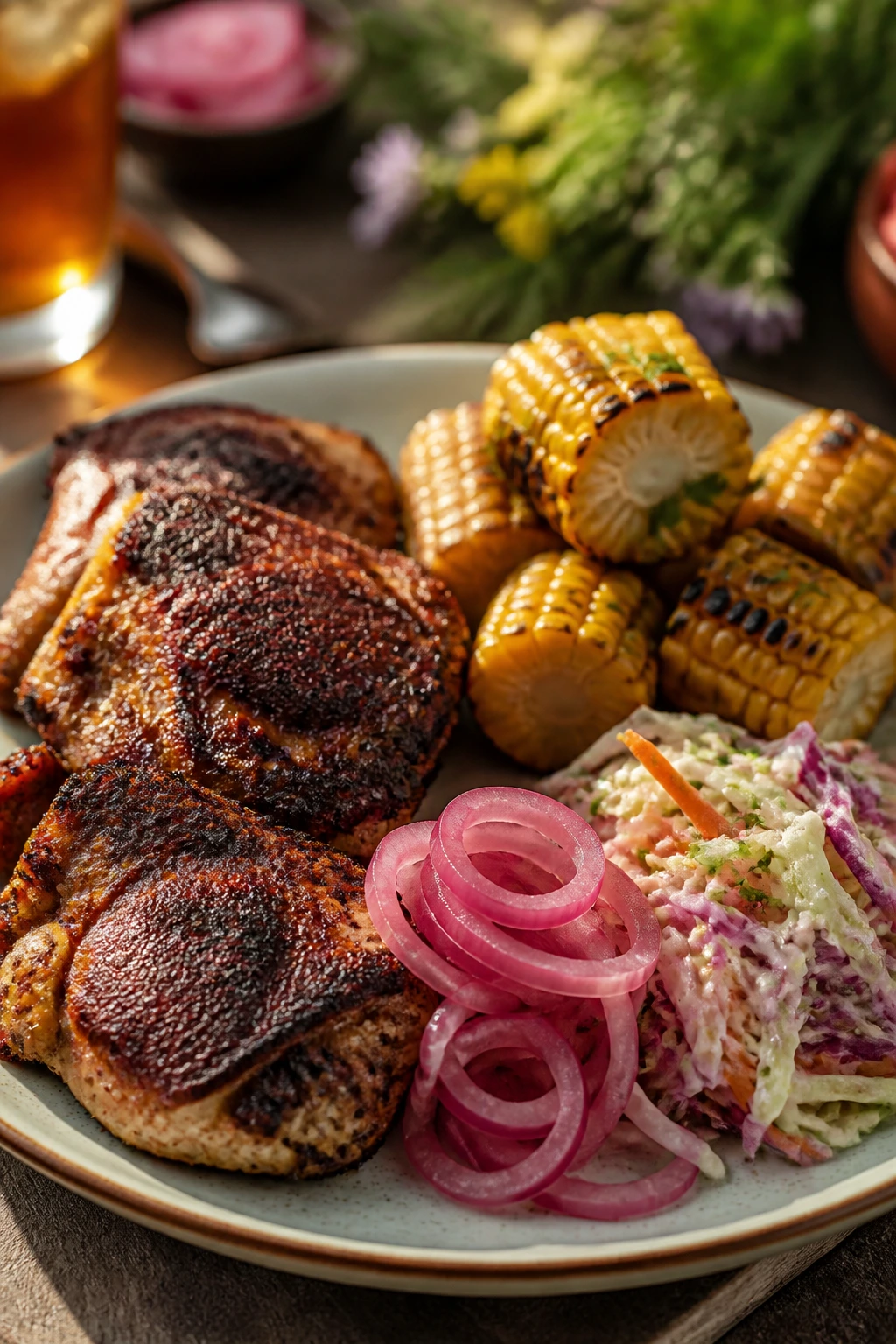 Plate featuring Southern Smoke Plate with chicken thighs, corn, onions, and slaw outdoors