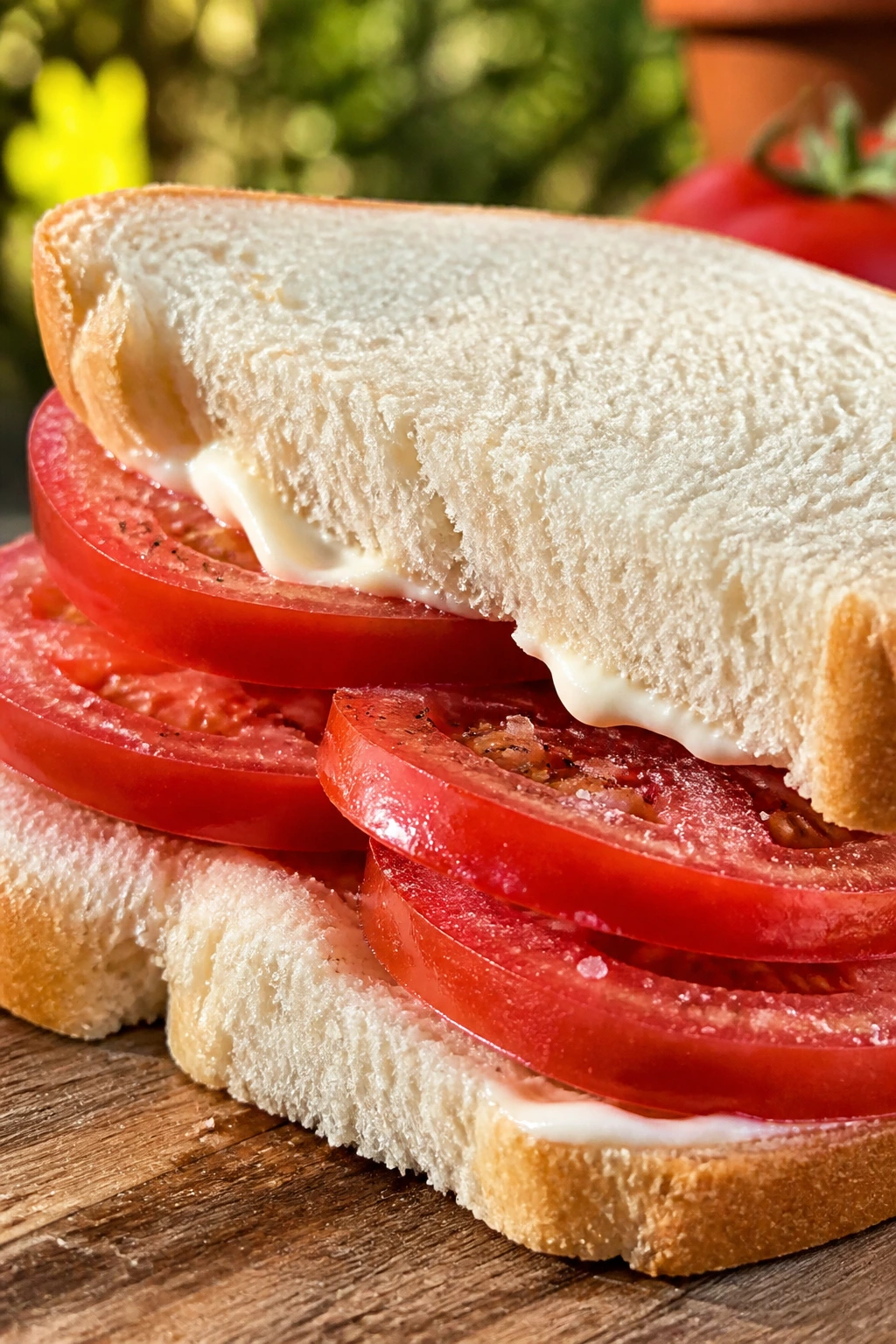 Close-up of southern tomato sandwich with mayo and salt on bread