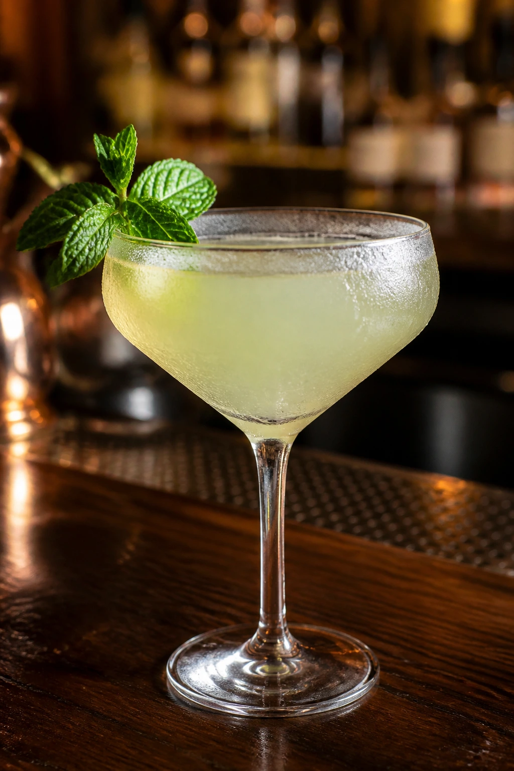 Gin Southside in a chilled coupe with mint garnish on a warm bar backdrop