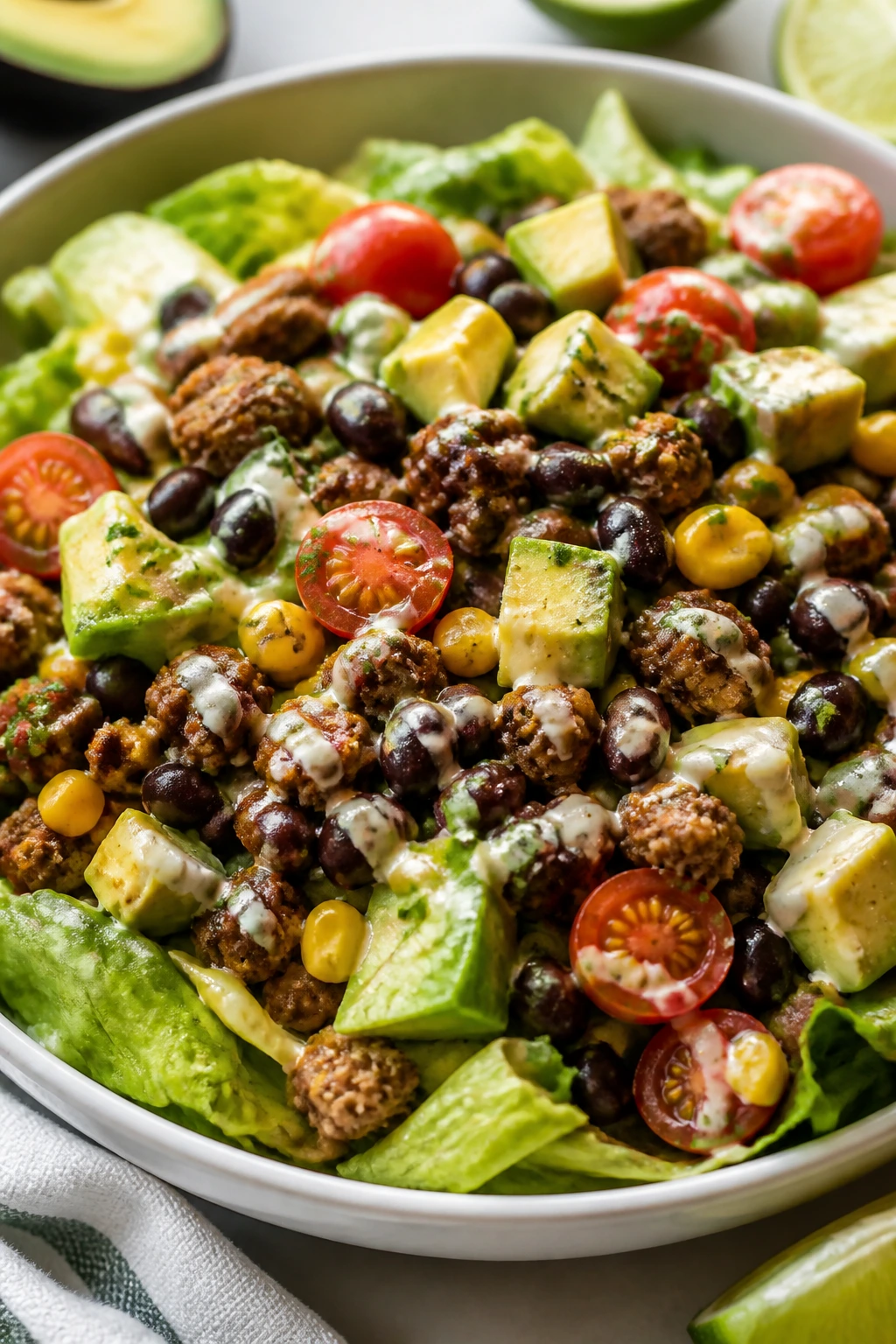 Close-up of southwest beef and black bean salad with lime dressing