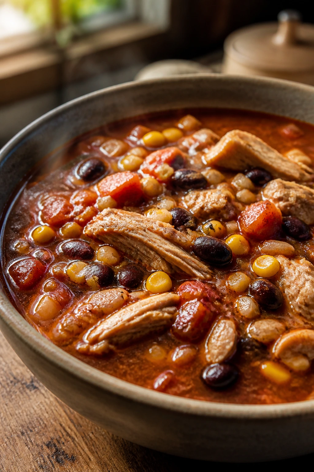 Close-up of steaming Southwest chicken soup in a bowl with chicken, beans, and corn, in a smoky broth