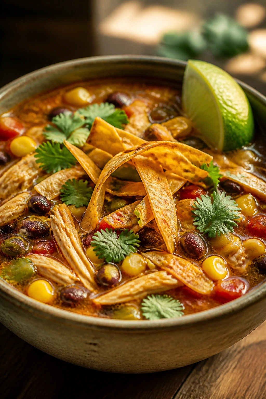 Close-up of steaming Southwest Chicken Soup in a bowl with beans, corn, and lime on a wooden table
