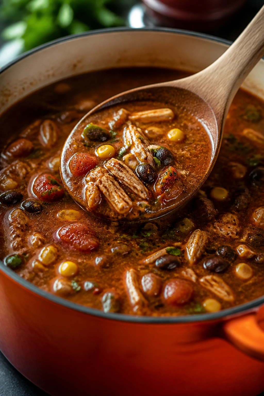Close-up of a simmering Southwest Chicken Soup showing depth from spices