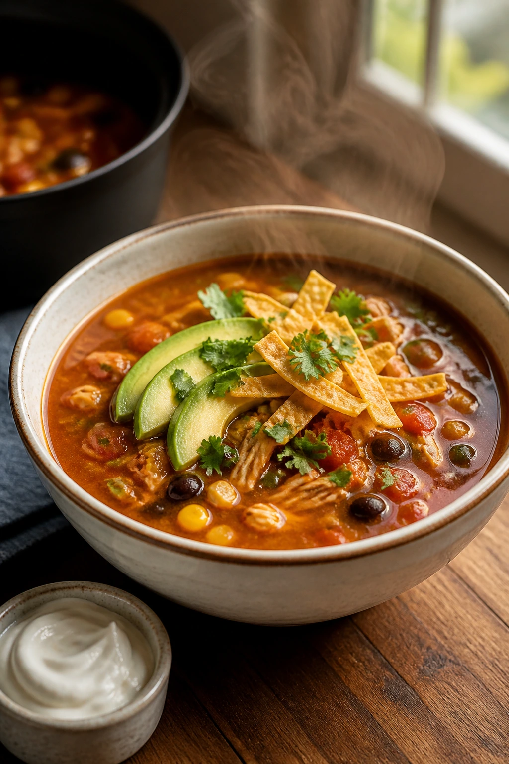 Close-up of a steaming Southwest Chicken Soup bowl topped with tortilla strips and avocado on a wooden table