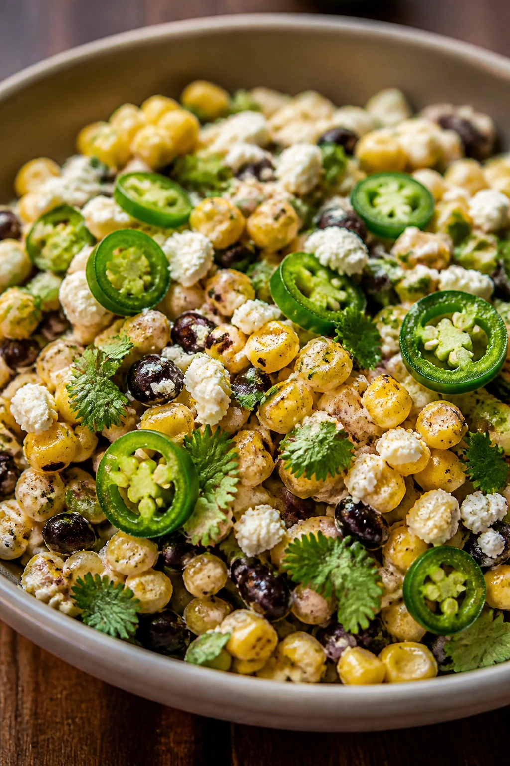 Southwest corn salad with cotija cilantro and jalapeño on top