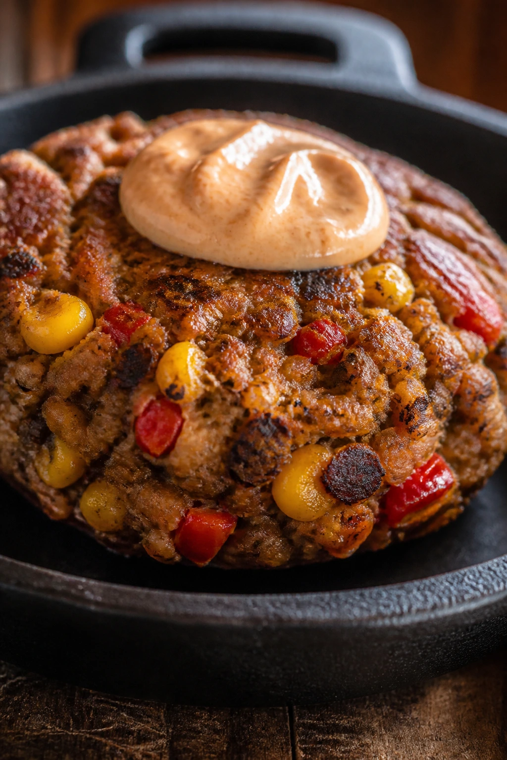 Close-up of Southwest lentil burger with corn and chipotle mayo