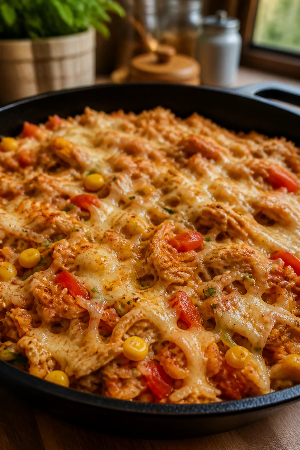 Southwest variation of cheesy chicken and rice with corn and peppers in a skillet
