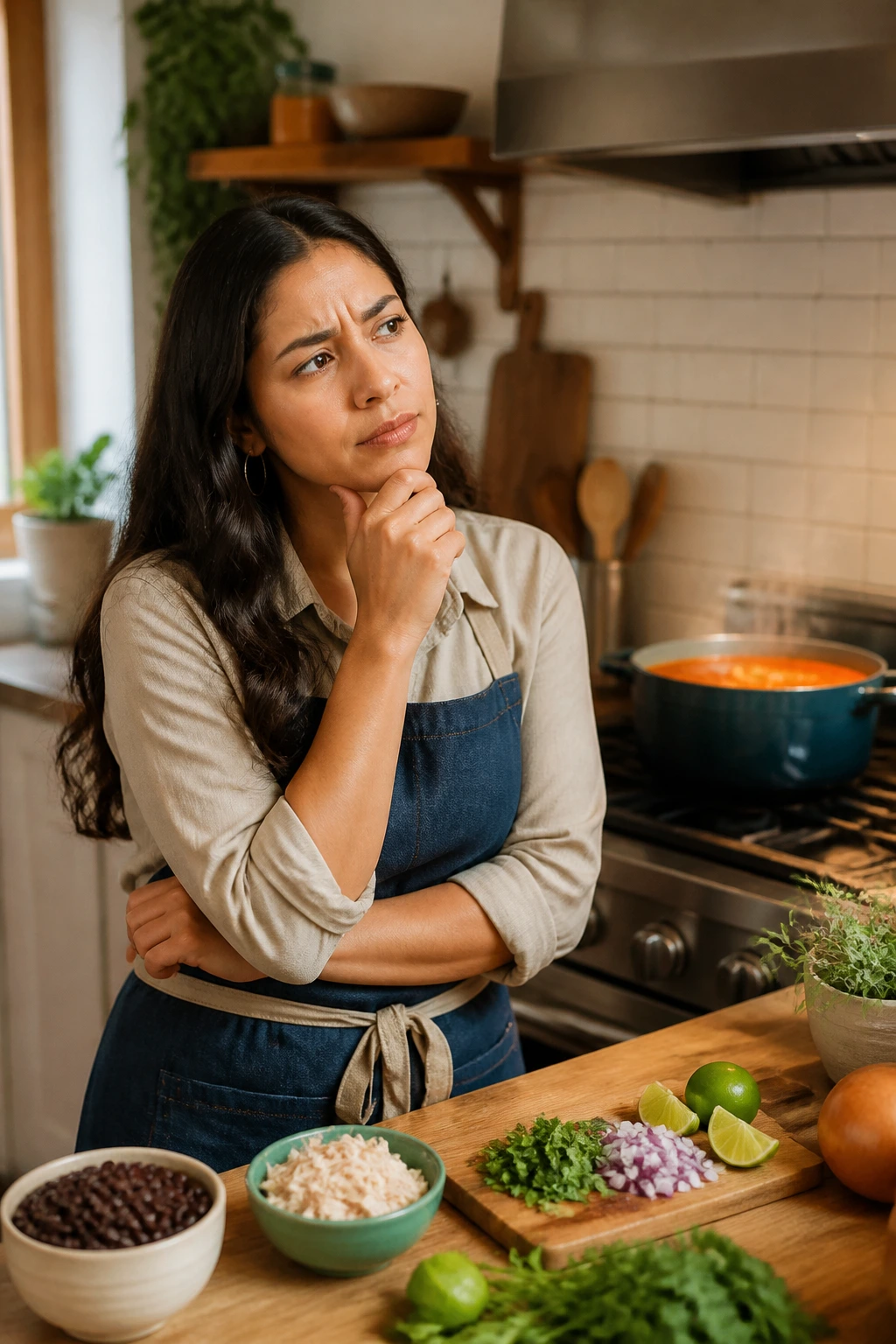 Real person thinking in a kitchen with soup on the stove
