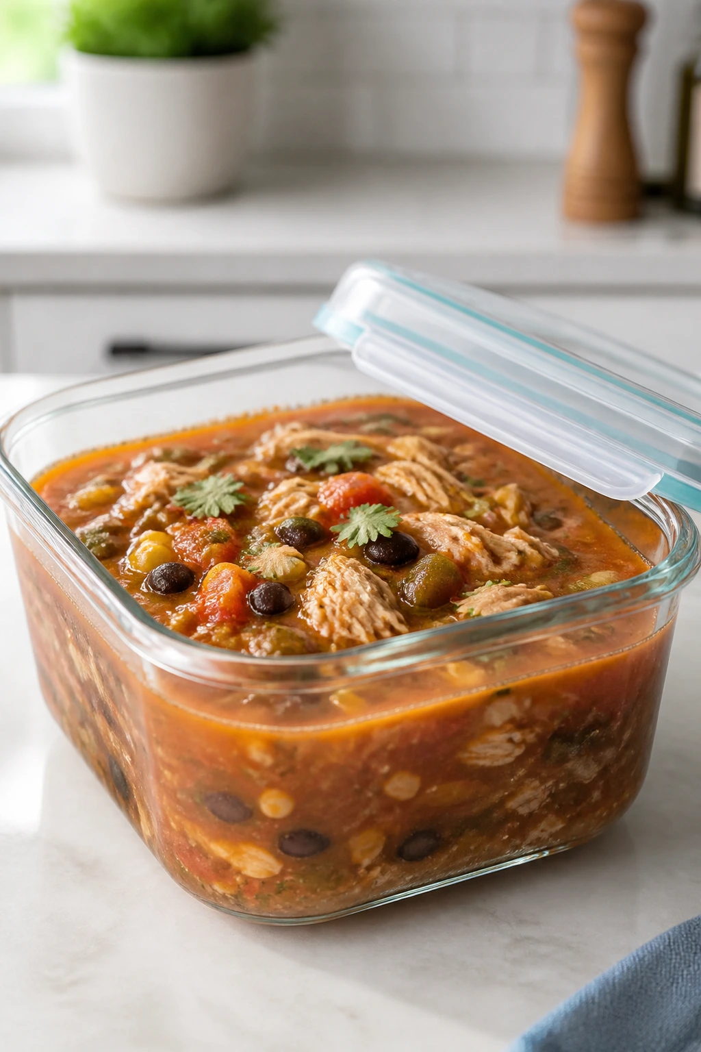 Glass container of soup on a bright counter ready for storage