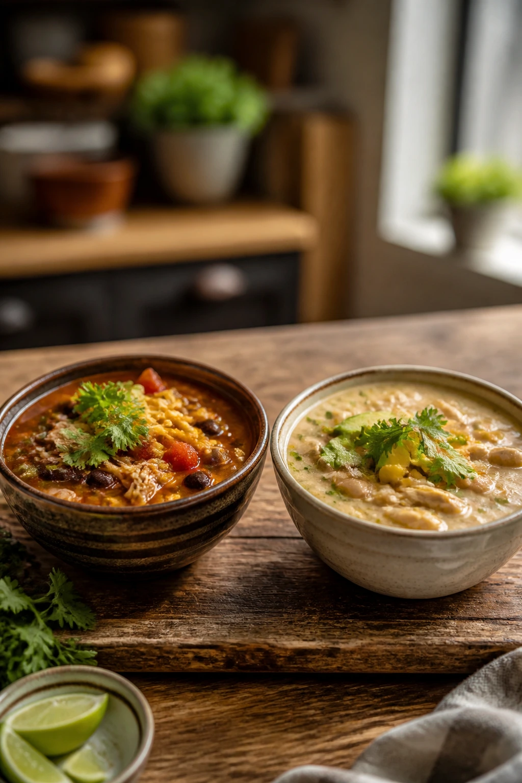 Two bowls of Southwest Chicken Soup showing variations side by side