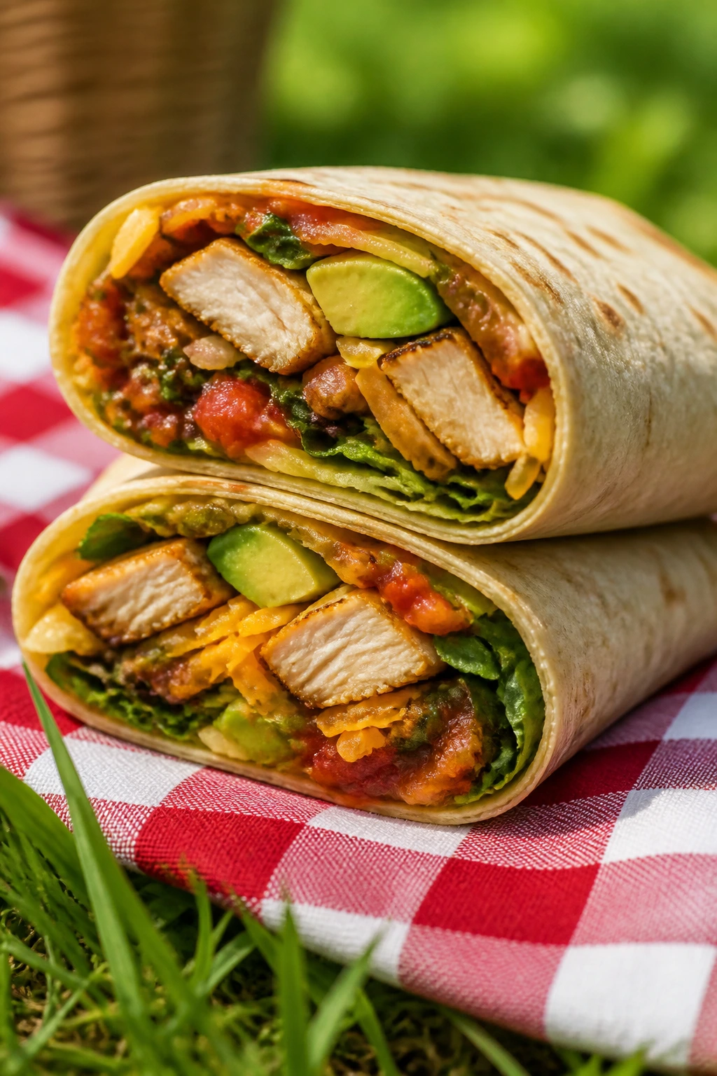 Close-up of Southwestern Chicken Avocado Wrap on a picnic blanket