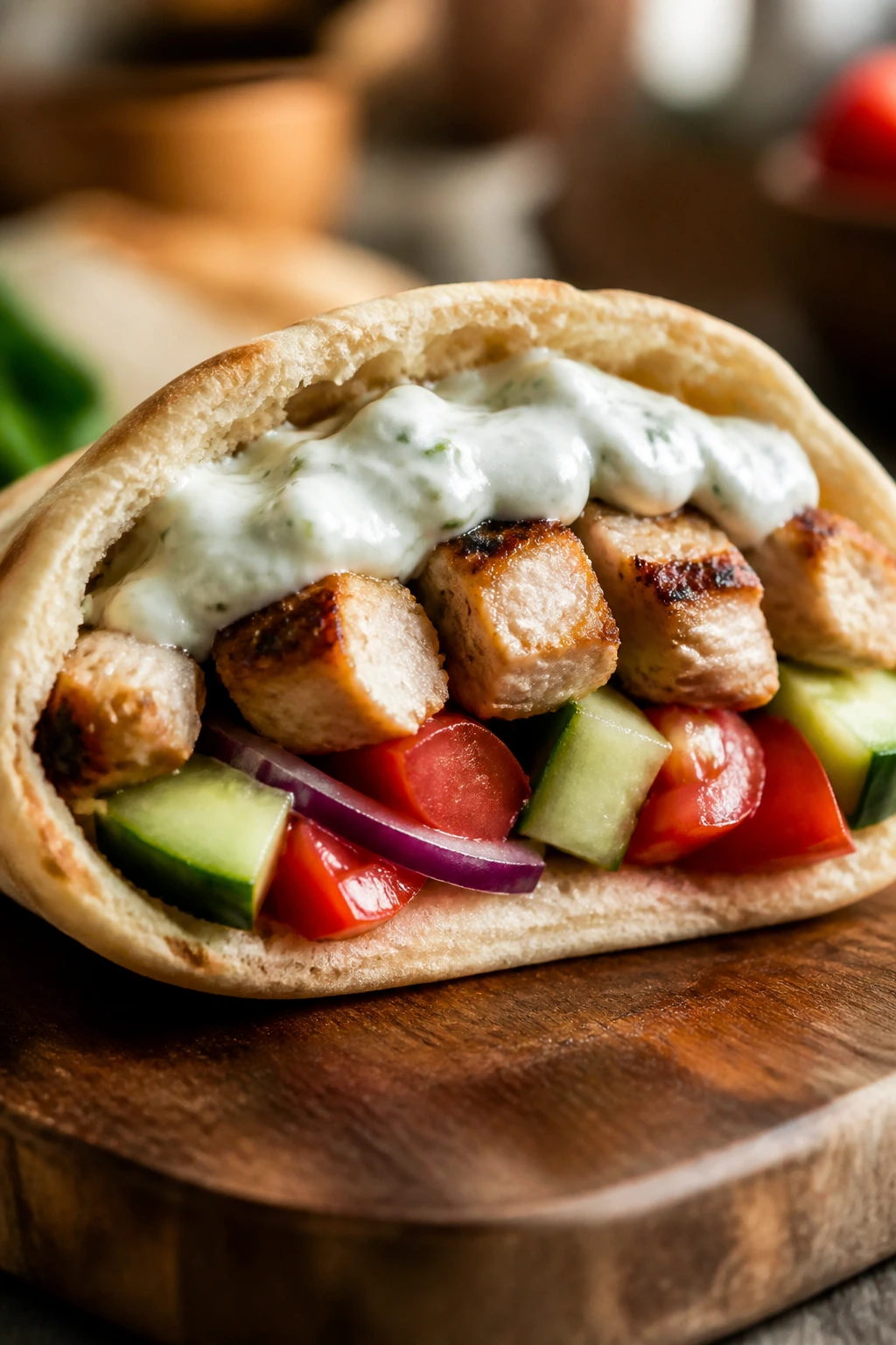 Cross-section of a Greek chicken souvlaki pita with vegetables and tzatziki