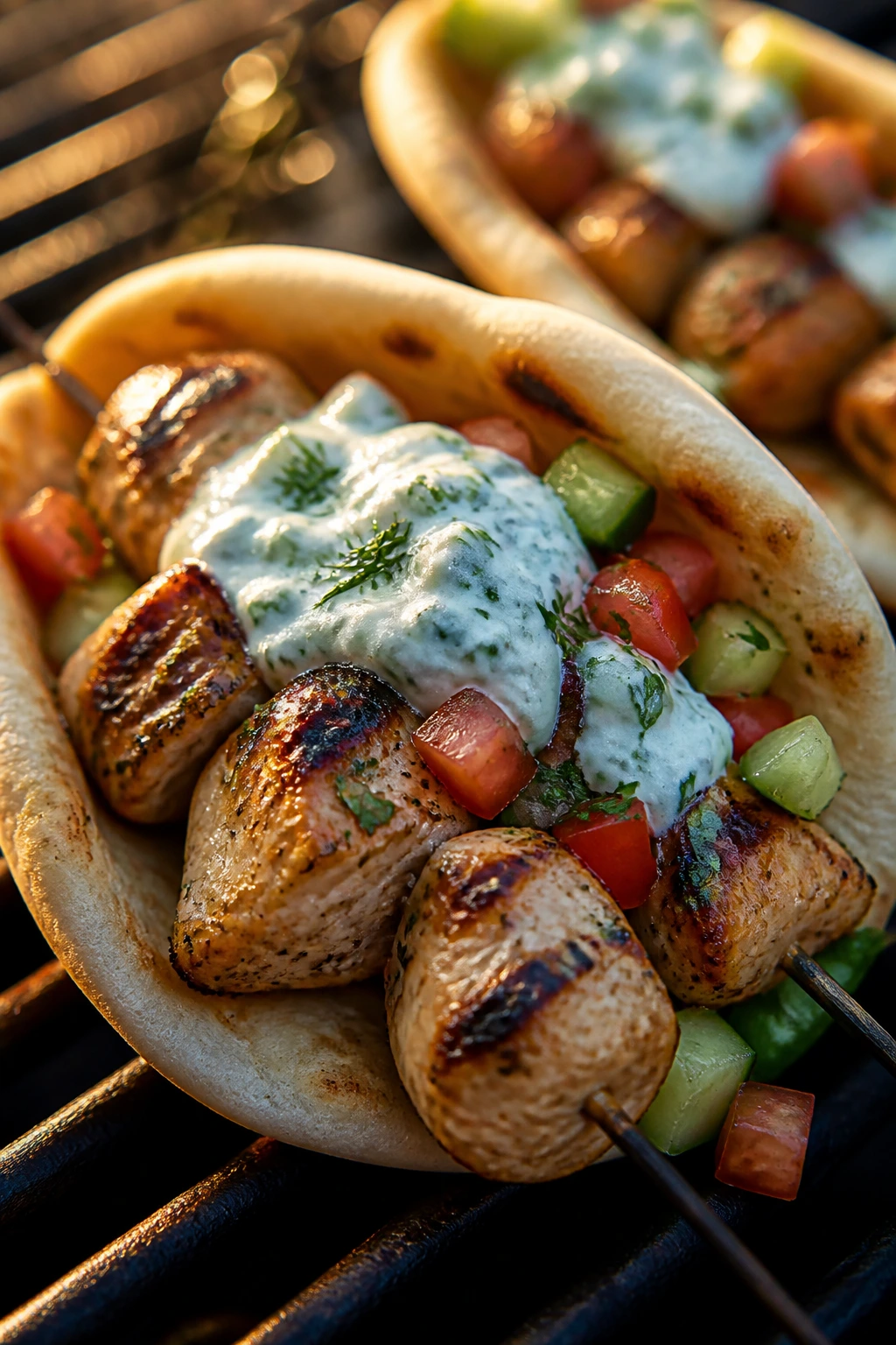 Close-up of Greek chicken souvlaki in pita with tzatziki on a warm outdoor grill