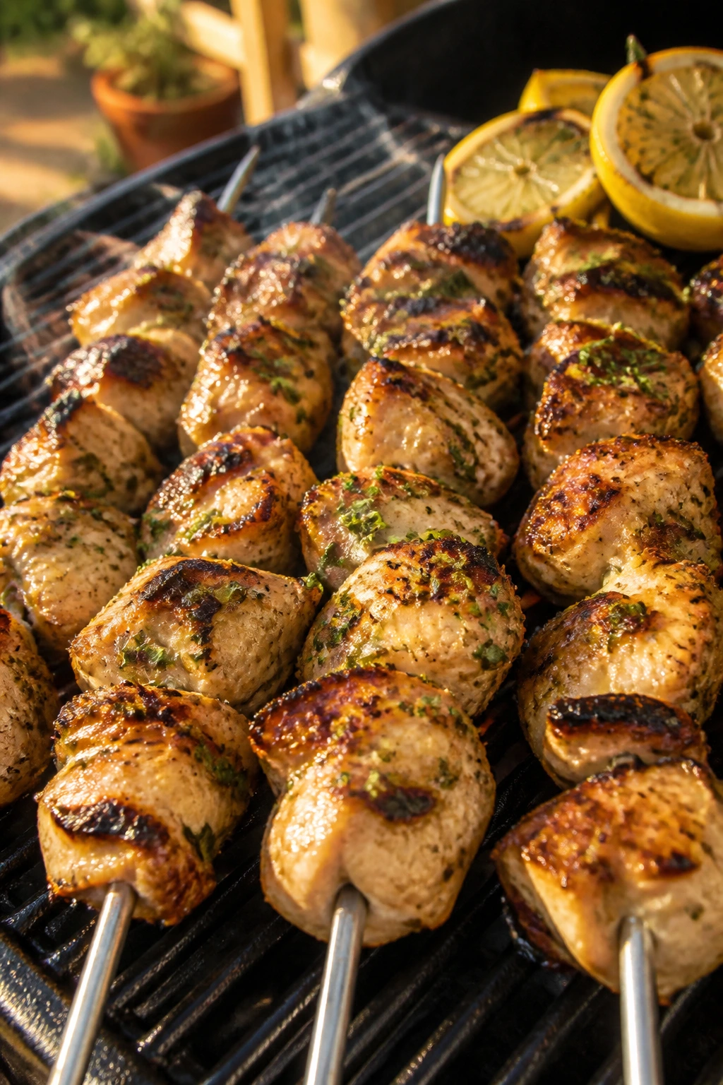 Close-up of lemon-oregano glazed chicken souvlaki skewers on a grill