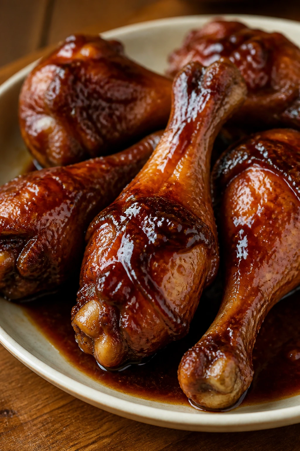 Close-up of soy-braised chicken legs with glossy glaze